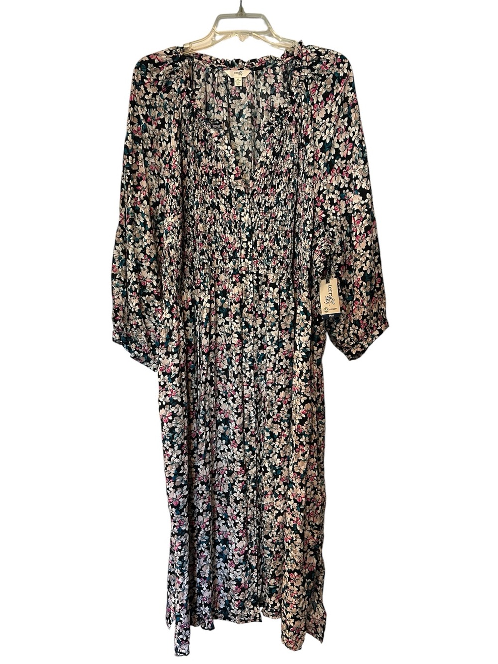Terra & Sky Black Floral Maxi Dress with Pink and Cream Accents